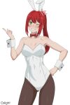  1girl alise_lovell animal_ear_hairband animal_ears artist_name blush bow bowtie breasts collarbone detached_collar dungeon_ni_deai_wo_motomeru_no_wa_machigatteiru_darou_ka fake_animal_ears green_eyes grin hair_bow hairband hand_on_own_hip highres large_breasts leotard long_hair one_eye_closed oslight pantyhose pink_bow playboy_bunny ponytail rabbit_ear_hairband rabbit_ears red_bow red_bowtie red_hair smile solo strapless strapless_leotard traditional_bowtie white_leotard white_wrist_cuffs wrist_cuffs 