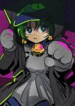  1girl animal_hands animal_hat anzu_yoshihiro apron bell bell_earrings bright_pupils cat_hat dejiko di_gi_charat earrings gloves green_eyes green_hair grey_apron grey_jacket hat hood hood_up hooded_jacket jacket jewelry licking_lips looking_at_viewer neck_bell paw_gloves short_hair sidelighting solo tongue tongue_out white_pupils 