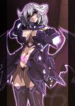  1girl absurdres aoi_tabane azur_lane breasts cleavage corruption cosplay dark_persona demon_girl demon_horns demon_tail demon_wings gloves heart_maebari highres horns kouyoku_senki_exs-tia large_breasts lilistia looking_at_viewer low_wings maebari navel outline pink_outline pubic_tattoo red_eyes revealing_clothes shaded_face short_hair sirius_(azur_lane) solo stomach tail tattoo thighhighs thighs white_hair wings 