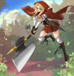  attack axe berzess black_gloves boots breasts brown_shoes bush cleavage cloud cloudy_sky commentary_request dirt elbow_sleeve fingerless_gloves forest full_body girdle gloves green_eyes holding holding_axe lace-up_boots leaf little_red_riding_hood_(fairy_tale) little_red_riding_hood_(fairy_tale_character) looking_at_viewer medium_breasts midriff_peek nature original outdoors puffy_short_sleeves puffy_sleeves red_hood red_skirt shirt shoes short_sleeves skirt sky smirk stuffed_wolf thighhighs tree white_shirt white_thighhighs 