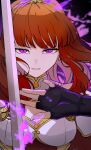  1girl absurdres armor aura black_gloves breastplate breasts cape celica_(fire_emblem) celica_(imprisoned_soul)_(fire_emblem) choker cleavage commission commissioner_upload corruption dark_aura earrings evil_smile fingerless_gloves fire_emblem fire_emblem_echoes:_shadows_of_valentia gloves highres holding holding_sword holding_weapon jewelry long_hair looking_at_viewer medium_breasts motoiwork orange_hair princess purple_eyes red_hair skeb_commission smile sword tiara weapon white_armor witch 