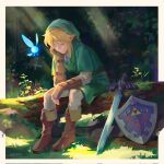  1boy artist_name boots brown_boots brown_gloves closed_eyes day earrings fingerless_gloves forest gloves grass green_hat green_tunic happeh hat highres hylian_shield jewelry khaki_pants layered_sleeves leaf long_sidelocks long_sleeves master_sword moss nature navi outdoors plant pointy_ears shield short_over_long_sleeves short_sleeves sidelocks sitting sunlight the_legend_of_zelda the_legend_of_zelda:_ocarina_of_time tree triforce tunic 