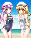  bare_shoulders blonde_hair byeontae_jagga collarbone covered_navel fang flandre_scarlet looking_at_viewer multiple_girls navel one-piece_swimsuit red_eyes remilia_scarlet school_swimsuit shiny shiny_clothes short_hair siblings side_ponytail silver_hair sisters skindentation smile swimsuit touhou translated wet wet_clothes wings 