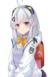  1girl absurdres admi_(nikke) ahoge backpack bag black_skirt blush bow bowtie charm_(object) closed_mouth collared_shirt goddess_of_victory:_nikke green_hair grey_hair grey_sweater hair_ornament headgear highres jacket kisara_mikami looking_at_viewer multicolored_hair pleated_skirt purple_eyes randoseru shirt skirt solo standing streaked_hair sweater sweater_vest two-sided_fabric two-sided_jacket upper_body white_background white_jacket white_shirt yellow_bow yellow_bowtie 