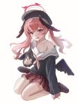  1girl absurdres arm_support beret black_hat black_shirt black_shoes black_wings blue_archive blush bra bra_peek breasts chinese_commentary chromatic_aberration cleavage collarbone commentary_request crying crying_with_eyes_open fang feathered_wings floating_hair full_body halo hand_up hat head_wings highres koharu_(blue_archive) long_hair long_sleeves looking_at_viewer low_wings making-of_available miniskirt multiple_wings neckerchief open_mouth pink_eyes pink_hair pink_halo pink_neckerchief pleated_skirt puffy_long_sleeves puffy_sleeves red_skirt sailor_collar sailor_shirt school_uniform serafuku shirt shoes simple_background single_bare_shoulder sitting skin_fang skirt solo streaming_tears tears twintails underwear wariza wavy_mouth white_background white_bra white_sailor_collar winged_halo wings xiaoxiaoyifan 