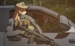  1girl ahoge assault_rifle baseball_cap blonde_hair blue_eyes braid bulletproof_vest car claymore_(mine) explosive gloves gugyun_(gugyun_00) gun hair_between_eyes hat holding holding_gun holding_weapon indie_virtual_youtuber jacket load_bearing_vest long_hair long_sleeves mine_(weapon) motor_vehicle open_mouth rifle tactical_clothes virtual_youtuber weapon whiskey_project 