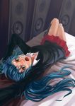  :o absurdres aqua_hair bandages bandaid bed green_eyes hatsune_miku highres long_hair lying on_back open_mouth rolling_girl_(vocaloid) skirt solo speaker upside-down vocaloid xiamianliele 