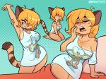 anthro arm_support bed big_breasts blep blonde_hair blue_eyes bottomless breasts cassandra_(psicoyote) clothed clothing collarbone domestic_cat dotted_background eyebrow_through_hair eyebrows eyelashes eyes_closed felid feline felis female fur furniture gaturro glistening glistening_breasts hair hair_over_eyes hi_res kneeling long_tail mammal markings mole_(marking) mole_on_breast mole_under_eye open_mouth pattern_background pillow print_clothing print_shirt print_t-shirt print_topwear psicoyote shirt simple_background smile solo stretching t-shirt tail tan_body tan_fur thick_thighs tired tongue tongue_out topwear translucent translucent_hair wide_hips yawn
