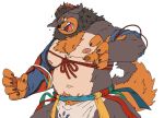  1boy angry animal_ears belly biceps brown_fur bulge claws commentary_request dog_boy dog_ears dog_nose dog_tail fundoshi furry furry_male iwakuma7 japanese_clothes korean_commentary looking_to_the_side multicolored_fur muscular muscular_male navel nipples orange_fur pawpads pectorals plump screaming tail tayangsuyi_(xxl) white_background xxl_woofia 