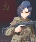  1girl absurdres ammunition_pouch artist_name belt blue_hair blue_hat brown_belt brown_jacket camouflage camouflage_cloak cloak commentary flag_background garrison_cap grin gun hammer_and_sickle hat highres holding holding_gun holding_weapon jacket leochan1202 looking_at_viewer military military_uniform open_mouth original pouch pps-43 red_star sharp_teeth short_hair smile solo soviet_army soviet_flag star_(symbol) submachine_gun teeth trigger_discipline upper_body weapon world_war_ii yellow_eyes 