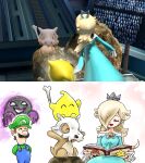  1boy 1girl bare_shoulders blonde_hair blue_dress blue_overalls bone book brooch brown_hair closed_eyes crown cubone dress earrings facial_hair game_screenshot_inset ghost green_hat green_shirt hair_over_one_eye hat highres holding holding_bone holding_book jewelry kicdon long_hair luigi luma_(mario) mario mario_(series) mustache off-shoulder_dress off_shoulder open_book open_mouth overalls pokemon pokemon_(creature) pokemon_tower_ghost rosalina shirt star_(symbol) star_brooch star_earrings super_smash_bros. super_star_(mario) 