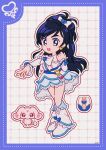  1girl bag_bow belt belt_bag black_eyes black_hair blue_bag blue_belt blue_border blue_brooch border bow bowtie brooch cellphone clenched_hand commentary cure_white deformed determined dot_nose dotted_line dress earrings eyelashes flip_phone frilled_arm_warmers frilled_leg_warmers frilled_sleeves frills full_body futari_wa_precure futari_wa_precure_max_heart gold_earrings grid_background hair_bow hair_ornament heart heart_brooch heart_earrings heart_hair_ornament heart_o-ring high_ponytail highres jewelry lace-trimmed_dress lace_trim leg_warmers long_hair looking_at_viewer magical_girl mipple o-ring o-ring_belt open_mouth outline outstretched_arm phone pink_bow ponytail precure shoes short_dress short_ponytail short_sleeves signature solo split_ponytail standing swept_bangs tareme teeth thick_eyebrows two-tone_bag upper_teeth_only uwded_207 very_long_hair white_arm_warmers white_background white_bag white_bow white_bowtie white_dress white_leg_warmers white_outline white_shoes yukishiro_honoka 