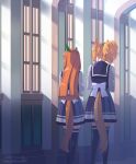  2023 2girls animal_ears back_bow blonde_hair blunt_ends bow dated ear_covers feet_out_of_frame from_behind highres horse_ears horse_girl horse_tail horseshoe_ornament indoors long_hair long_sleeves looking_to_the_side multiple_girls orange_hair ponytail puffy_long_sleeves puffy_sleeves purple_shirt purple_skirt purple_thighhighs sailor_collar school_uniform shadow shirt short_hair silence_suzuka_(umamusume) skirt taiki_shuttle_(umamusume) tail tail_through_clothes takuzui thighhighs tracen_school_uniform twitter_username umamusume walking window winter_uniform zettai_ryouiki 