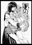  2girls assertive_female biting biting_ear black_border blush border breasts charuko_(hachinuki_tetsuyo) gyaru hachinuki_tetsuyo highres hug hug_from_behind jimiko jitome kogal mob_face moire multiple_girls open_mouth original pleated_skirt round_eyewear school_uniform serafuku she_(hachinuki_tetsuyo) simple_background skirt tears twintails white_background yuri 