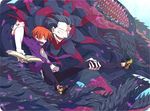  ^_^ animal_print bendan-daizi book caster_(fate/zero) claws closed_eyes command_spell fate/zero fate_(series) happy jacket leopard_print male_focus multiple_boys orange_hair purple_jacket smile tentacles uryuu_ryuunosuke 