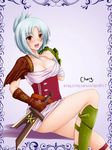  :d absurdres belt blush breasts cheng cleavage gloves hand_on_own_chest highres large_breasts league_of_legends looking_at_viewer open_mouth red_eyes riven_(league_of_legends) short_hair sitting smile solo sword weapon white_hair 