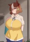  1girl absurdres alternate_breast_size alternate_costume animal_ears belno_light_(umamusume) breasts brown_eyes brown_hair casual ear_ornament ear_ribbon finger_to_mouth hair_ornament half-closed_eyes highres horse_ears horse_girl horse_tail huge_breasts letter_hair_ornament looking_at_viewer multicolored_hair narrowed_eyes noe_(ppppriver) short_hair solo tail umamusume umamusume:_cinderella_gray 