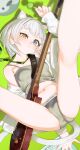  1girl absurdres animal_ears bang_dream! bang_dream!_it&#039;s_mygo!!!!! blue_eyes blush camisole candy cat_ears cat_girl closed_mouth commentary covered_nipples eltir esp_guitars food grey_camisole grey_panties heterochromia highres holding holding_candy holding_food holding_lollipop kaname_raana kemonomimi_mode lollipop long_sleeves navel panties raana_the_cat short_hair solo spread_legs underwear white_hair yellow_eyes 