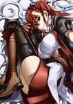  absurdres boots breasts corset framed_breasts highres honjou_raita large_breasts legs long_hair long_legs miniskirt multicolored_hair official_art one_eye_closed red_eyes red_hair ribbon riela_marcellis senjou_no_valkyria senjou_no_valkyria_3 silver_hair skirt solo thighhighs thighs underbust zettai_ryouiki 