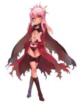  1girl absurdres black_boots black_panties blush boots breasts bridal_gauntlets cape chloe_von_einzbern chloe_von_einzbern_(archer_install) dark-skinned_female dark_skin fate/kaleid_liner_prisma_illya fate_(series) full_body hair_bun hair_ornament hairpin half_updo highres knee_boots long_hair long_sleeves looking_at_viewer navel orange_eyes panties pink_hair red_cape showgirl_skirt shrug_(clothing) sidelocks small_breasts smile solo stomach_tattoo tattoo thighs underwear youta 