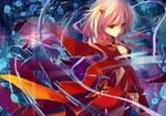  blue_flower blue_rose cleavage_cutout feathers fingerless_gloves flower gloves guilty_crown hair_ornament hairclip pink_hair red_eyes rose solo yayin_(yayin233) yuzuriha_inori 