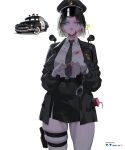  1girl absurdres artist_name belt black_hair black_jacket blood blood_on_clothes blood_on_face blood_on_hands breasts buckle cars_(movie) cuffs drinking_straw genderswap genderswap_(mtf) gloves grey_lips handcuffs hat highres holster jacket juice_box large_breasts lipstick makeup necktie nisp_art pantyhose personification photo_inset police police_badge police_hat police_uniform policewoman puckered_lips reference_inset shirt short_hair skindentation snap-fit_buckle solo striped_necktie thigh_holster vehicle_and_personification white_gloves white_pantyhose white_shirt 