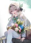  1girl absurdres amane_luna_(vtuber) black_bow black_hairband blue_pupils bouquet bow breasts brown_bag commentary feet_out_of_frame firefly_(honkai:_star_rail) gradient_hair green_hair grey_hair grey_sailor_collar grey_skirt hair_bow hair_intakes hairband highres honkai:_star_rail honkai_(series) jw_(wrdawrda) long_hair long_sleeves medium_breasts multicolored_hair official_alternate_costume open_mouth purple_eyes sailor_collar shirt sitting skirt smile solo symbol-only_commentary thighhighs thighs very_long_hair white_shirt white_thighhighs 