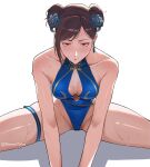  1girl absurdres bare_arms bare_shoulders blue_flower blue_one-piece_swimsuit breasts brown_eyes brown_hair bun_with_braided_base chun-li cleavage closed_mouth clothing_cutout commentary double_bun earrings flower gold_trim groin hair_bun hair_flower hair_ornament highleg highleg_one-piece_swimsuit highres jewelry lips looking_at_viewer medium_breasts nevee official_alternate_costume one-piece_swimsuit parted_bangs short_hair simple_background sitting solo spread_legs straight-on street_fighter street_fighter_6 swimsuit thigh_strap wet white_background 