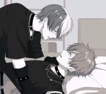  2boys aoyagi_touya arm_support bed blush collar commentary crew_neck detached_sleeves ear_piercing earrings eye_contact greyscale hashtag-only_commentary highres jewelry looking_at_another lying male_focus monochrome multicolored_hair multiple_boys multiple_earrings necklace nervous_sweating on_back open_mouth piercing project_sekai ray_(lthenray) shinonome_akito shirt short_sleeves split-color_hair streaked_hair studded_collar sweat t-shirt yaoi 