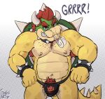 2022 5_fingers angry anthro areola armpit_hair artist_name biped black_clothing black_jockstrap black_underwear body_hair bowser bracelet breath claws clenched_teeth clothed clothing collar colored finger_claws fingers fist front_view glare growling hair hi_res horn humanoid_hands jewelry jockstrap koopa looking_at_viewer male mario_bros musclegut muscular muscular_anthro muscular_male navel nintendo nipples non-mammal_nipples open_mouth portrait pubes red_eyes red_hair scales scalie short_hair slightly_chubby slightly_chubby_anthro slightly_chubby_male solo spiked_bracelet spiked_collar spiked_tail spikes spikes_(anatomy) standing tail teeth text three-quarter_portrait tonchii topless topless_anthro topless_male underwear wristband yellow_body yellow_scales