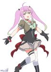  1girl absurdres black_gloves bow bowtie fang gloves gradient_hair green_bow green_bowtie green_hair grey_sailor_collar grey_skirt highres kantai_collection long_hair momo_(kancolle) multicolored_hair one-hour_drawing_challenge open_mouth outstretched_arms pink_hair red_eyes robinson_(day_l_full) sailor_collar school_uniform serafuku short_sleeves simple_background skin_fang skirt solo sparkle_print twintails white_background 