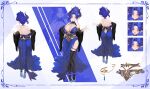  1girl absurdres aisurin1st artist_name bare_shoulders black_sleeves black_thighhighs blue_dress blue_eyes breasts cleavage closed_mouth detached_sleeves dragon_girl dragon_horns dragon_tail dress earrings grey_shoes highres horns indie_virtual_youtuber jewelry large_breasts lunessa_(vtuber) median_furrow multiple_expressions multiple_views necklace pearl_necklace planet_earrings pointy_ears reference_sheet shoes side_slit smile tail tail_through_clothes thighhighs tiara virtual_youtuber wide_sleeves 