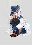  1girl black_thighhighs blonde_hair blue_eyes blue_hair blue_hat blue_sailor_collar blue_skirt brown_shoes cigarette commentary flat_cap grey_background hair_between_eyes hat hibiki_(kancolle) highres holding holding_cigarette kantai_collection kusomisoni loafers long_hair long_sleeves looking_at_viewer parted_lips pleated_skirt sailor_collar school_uniform serafuku shoes simple_background sitting skirt smoke smoking solo symbol-only_commentary thighhighs twitter_username 
