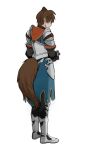  1boy alter_(mabinogi) animal_ears armor black_gloves black_pants blue_tabard breastplate brown_hair closed_mouth dog_boy dog_ears dog_tail faulds folded_ear from_behind full_body gloves greaves hair_behind_ear highres hood hood_down hoodie kemonomimi_mode layered_sleeves long_sleeves looking_down mabinogi male_focus pants parted_bangs pauldrons ray_(lthenray) red_hood short_hair short_over_long_sleeves short_sleeves shoulder_armor simple_background smile solo standing tabard tail white_background 
