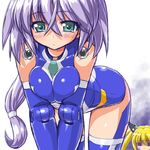 =_= all_fours anger_vein bare_shoulders blonde_hair blue_leotard blush breast_squeeze breasts busou_shinki chibi dd_(ijigendd) doll_joints green_eyes large_breasts leotard lirbiete long_hair looking_at_viewer low-tied_long_hair multiple_girls ponytail purple_hair thighhighs vervietta white_leotard 