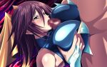  1boy 1girl aoi_nagisa_(metalder) bare_shoulders blue_eyes blush breasts breasts_squeezed_together bridal_gauntlets brown_hair censored clothed_female_nude_male clothed_sex covered_nipples fellatio green_eyes hair_ribbon hetero highres huge_breasts kagano_megu lying mahou_shoujo_ai mosaic_censoring non-web_source nude on_back open_mouth oral paizuri paizuri_under_clothes penis purple_hair ribbon saliva short_hair solo_focus tears turtleneck 