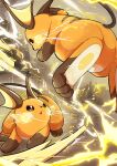 2025 3_toes absurd_res action_pose anthro brown_eyes curling_toes duo electricity emoji_description feet female female/female fight fighting_pose generation_1_pokemon hi_res japanese_description looking_at_another midair nintendo open_mouth orange_body pawpads paws pokemon pokemon_(species) pose raaaichupudding raichu serious soles tail toes