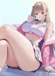  1girl 767_(pixiv973307689) absurdres arm_at_side bare_shoulders belt belt_collar black_collar blue_background blue_nails breasts brown_hair buckle candy chain chest_belt chupa_chups cleavage_cutout clothing_cutout collar crop_top crossed_legs feet_out_of_frame fingernails fishnet_pantyhose fishnets food from_below goddess_of_victory:_nikke gradient_background grey_skirt hair_ornament hand_up heart heart_collar heart_o-ring highres holding holding_candy holding_food holding_lollipop horns jacket large_breasts lollipop long_hair long_sleeves looking_at_viewer midriff miniskirt multicolored_nails nail_polish o-ring o-ring_belt off_shoulder open_clothes open_jacket pantyhose parted_lips pink_belt pink_horns pink_jacket red_eyes shirt sitting skirt sleeveless sleeveless_shirt sleeves_past_wrists smile snap-fit_buckle solo teeth thighs two-sided_fabric two-sided_jacket underbust upper_teeth_only very_long_hair viper_(nikke) white_pantyhose white_shirt zipper zipper_pull_tab 