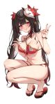  1girl :q absurdres adapted_costume armpit_crease bare_legs bare_shoulders bikini bikini_top_pull black_choker blush breasts brown_hair choker circle_facial_mark closed_mouth collarbone commentary_request fingernails flower_tattoo fox_mask full_body hair_between_eyes hair_ribbon hand_up highres hizuki_higure honkai:_star_rail honkai_(series) legs long_hair looking_at_viewer mark_under_both_eyes mask mask_on_head medium_breasts multicolored_hair nail_polish navel pink_eyes red_bikini red_nails red_ribbon ribbon sandals shoulder_tattoo simple_background smile solo sparkle_(honkai:_star_rail) squatting stomach strap_lift streaked_hair sweat swimsuit tattoo thighs toenails toes tongue tongue_out twintails v very_long_hair white_background 