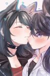  2girls animal_ears bang_dream! bang_dream!_it&#039;s_mygo!!!!! black_choker black_jacket black_shirt blue_outline blush chinese_commentary choker closed_eyes closed_mouth collar commentary_request dog_ears earrings heart highres jacket jewelry mole mole_under_eye multiple_girls necklace outline purple_eyes purple_outline red_shirt shiina_taki shirt white_shirt yahata_umiri yoyoray20001996 yuri 