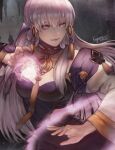  1girl breasts commentary dated dress facing_viewer fire_emblem fire_emblem:_three_houses grey_hair hair_between_eyes kaejunni long_hair long_sleeves looking_to_the_side lysithea_von_ordelia lysithea_von_ordelia_(timeskip) magic medium_breasts purple_dress purple_eyes purple_veil signature smile solo tassel upper_body veil 