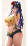  1girl ;d absurdres alternate_costume bikini black_hair black_shorts blue_eyes blue_hair blue_nails breasts commentary cropped_shirt eyewear_on_head flower green_bikini green_shirt hair_flower hair_intakes hair_ornament highleg highleg_bikini highres hololive hololive_english large_breasts long_hair looking_at_viewer lyusiola micro_shorts midriff multicolored_bikini multicolored_hair navel one_eye_closed open_clothes open_shorts ouro_kronii red_flower shirt shorts signature simple_background smile solo sunglasses swimsuit thighs two-tone_bikini two-tone_hair two-tone_shirt v virtual_youtuber yellow_bikini yellow_shirt 