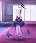  1girl absurdres back black_halo blue_archive bound bound_legs breasts cuffs demon_girl demon_horns demon_wings dress full_body gloves halo handcuffs highres hina_(blue_archive) hina_(dress)_(blue_archive) horns indoors long_hair okazakileo open_mouth purple_dress purple_eyes purple_gloves restrained roller_skates self_bondage shackles skates small_breasts solo standing tied_up_(nonsexual) white_hair wings 