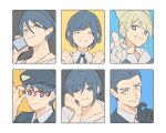  3boys 3girls adjusting_eyewear beret blonde_hair blue_eyes blue_hair clenched_hands closed_eyes closed_mouth collared_shirt column_lineup commentary_request fukurai_azami glasses gloves hair_between_eyes hand_on_eyewear hand_on_own_cheek hand_on_own_chin hand_on_own_face hand_up hands_up hat highres holding holding_phone jasmine_(toshi_densetsu_kaitai_center) kisaragi_ayumi kisaragi_tsutomu looking_at_viewer meguriya_ayumu multiple_boys multiple_girls ok_sign phone pointing pointing_at_viewer red-framed_eyewear shirt short_hair smile spoilers tomiiri_junzo toshi_densetsu_kaitai_center upper_body white_shirt xinhao 