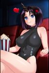  1girl black_hair black_leotard blue_eyes breasts covered_navel crossed_legs elma_(maidragon) english_commentary food gradient_hair heart highleg highleg_leotard highres horns kobayashi-san_chi_no_maidragon large_breasts leotard multicolored_hair ojoqtlv popcorn purple_hair short_hair single_horn sitting solo turtleneck turtleneck_leotard 
