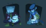  1boy 1other 2girls ant_tenna antlers black_pants black_shoes blonde_hair blue_gloves brown_hair commentary computer controller deer_antlers deer_girl deltarune furry furry_female gloves hair_over_eyes highres holding holding_remote_control horns index_finger_raised jacket kris_(deltarune) laptop multiple_girls necktie noelle_holiday object_head open_mouth pants pointy_nose queen_(deltarune) red_jacket remote_control shoes short_hair smile symbol-only_commentary wraith615 yellow_necktie yellow_shoes 