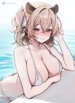  1girl animal_ears bikini blush breasts brown_hair cleavage closed_mouth commentary crossed_bangs double-parted_bangs green_eyes hair_between_eyes hand_up highres in_water indie_virtual_youtuber large_breasts looking_at_viewer miyuchiq nimi_nightmare official_alternate_costume one_side_up partially_submerged pool poolside short_hair smile solo string_bikini swimsuit symbol-only_commentary tapir_ears tapir_girl virtual_youtuber water white_bikini 
