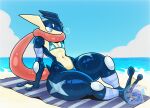 alex_(mclarensenna18) anthro beach_towel bikini blue_eyes clothing emmet_twunks femboy generation_6_pokemon greninja hi_res jewelry male necklace nintendo pokemon pokemon_(species) sand sea seaside sigh solo swimwear thick_thighs towel two-piece_swimsuit water wet wet_body wide_hips