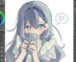  1girl alternate_costume antenna_hair apron art_program_in_frame blue_eyes blue_hair braid braided_bangs chi_kan100 closed_mouth collared_dress covering_own_mouth double-parted_bangs dress enmaided frilled_apron frills grey_dress hair_behind_ear hair_between_eyes hair_intakes heart holding holding_phone kimi_no_koto_ga_dai_dai_dai_dai_daisuki_na_100-nin_no_kanojo long_hair looking_at_viewer looking_up maid maid_apron phone portrait puffy_short_sleeves puffy_sleeves raised_eyebrows screenshot short_sleeves side_ahoge sidelocks simple_background smile solo spoken_heart wavy_hair white_apron white_background yoshimoto_shizuka 