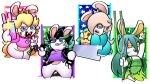 16:9 2024 3_fingers allegra_(mario_plus_rabbids) anthro armband black_clothing black_gloves black_hair black_handwear black_jacket black_topwear blonde_hair blue_clothing blue_dress blue_ear_piercing blue_eyes blue_hair breasts buckteeth cellphone clothed clothed_female clothing colored cookieboy011 crossover crown digital_drawing_(artwork) digital_media_(artwork) dress ear_piercing edge_(mario_plus_rabbids) electronics english_description eyebrows eyelashes eyes_closed eyeshadow female female_anthro fingers flat_chested fur gesture gloves green_armband green_clothing green_dress green_eyebrows green_wristband group hair hair_over_eye half-closed_eyes hand_gesture hand_on_hip hand_on_own_hip hand_pawpads handwear headgear heart_symbol hi_res holding_cellphone holding_melee_weapon holding_object holding_phone holding_sword holding_tuning_fork holding_weapon jacket lagomorph leaf_dress light lighting long_ears long_hair makeup mammal mario_bros mario_plus_rabbids_kingdom_battle mario_plus_rabbids_sparks_of_hope melee_weapon multicolored_body multicolored_hair musical_note musical_symbol narrowed_eyes nintendo noseless open_clothing open_jacket open_mouth open_smile open_topwear pawpads phone piercing pink_clothing pink_shirt pink_topwear purple_clothing purple_eyeshadow purple_shirt purple_topwear rabbid rabbid_peach rabbid_rosalina raised_hand raving_rabbids rayman_(series) red_tongue sharp_teeth shirt simple_background small_breasts smile standing star_(shape) star_ear_ring sword sword_on_shoulder symbol taking_picture taking_selfie tan_eyelids tan_inner_ear tan_pawpads teeth thick_thighs tongue tongue_out toothy_grin topwear torn_clothing torn_shirt torn_topwear tuning_fork two_tone_body two_tone_hair ubisoft v_sign weapon white_background white_body white_fur widescreen yellow_inner_ear yellow_pawpads